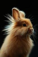 A fluffy rabbit with long hair on a black background photo
