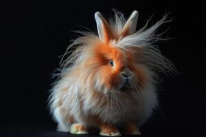 An orange rabbit with long hair sitting on a black background photo