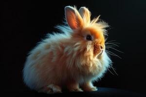 A fluffy orange rabbit sitting on a black background photo