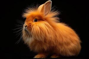 An orange rabbit with long hair sitting on a black background photo