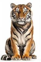 A tiger sitting down on a white background photo