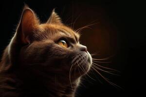 A cat is looking up at something in the dark photo