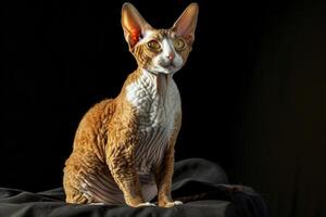A cat with white and brown fur sitting on a black cloth photo