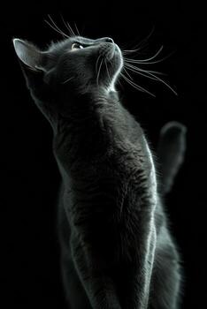 A gray cat is looking up in the dark photo