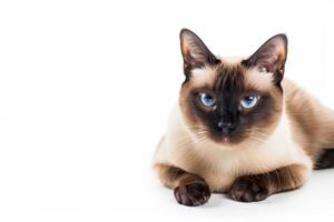 A siamese cat with blue eyes is laying down photo