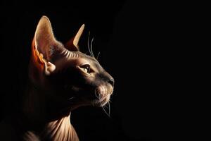 A sphytte cat is shown in the dark photo