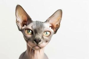 A sphytte cat with green eyes looking at the camera photo