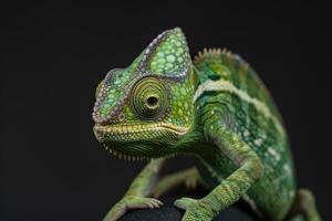 A green chameleon sitting on a black surface photo