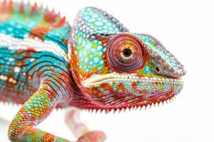 A colorful chameleon is standing on its hind legs photo
