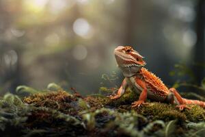 A bearded dragon is sitting on a moss covered rock photo