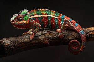 A colorful chameleon is sitting on a branch photo