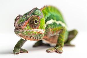 A chameleon is standing on a white background photo