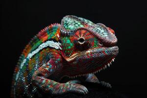 A colorful chameleon is sitting on a black background photo