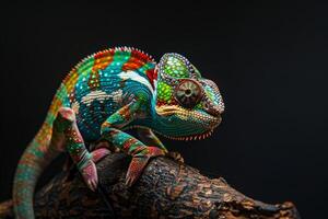 A colorful chameleon is sitting on a branch photo
