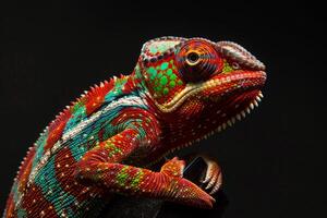 A colorful chameleon is sitting on a rock photo