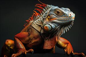 A lizard with orange and blue feathers on its back photo