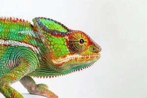 A chameleon is standing on a white surface photo