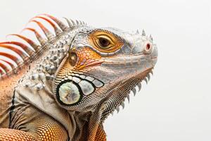 An iguana with orange and white stripes photo