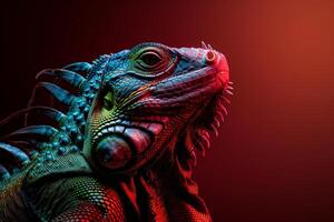 An iguana with colorful eyes and a red background photo