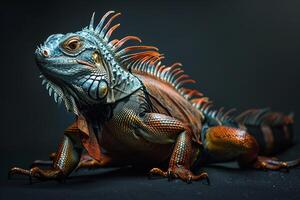 An iguana with orange and blue feathers photo