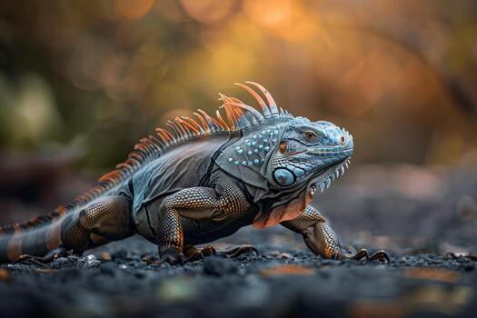 An iguana is walking on the ground photo