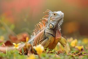 An iguana is sitting on the ground with flowers photo