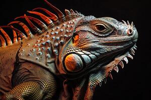 An iguana with orange and black markings photo