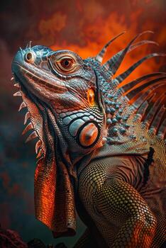 An iguana with a red and orange background photo