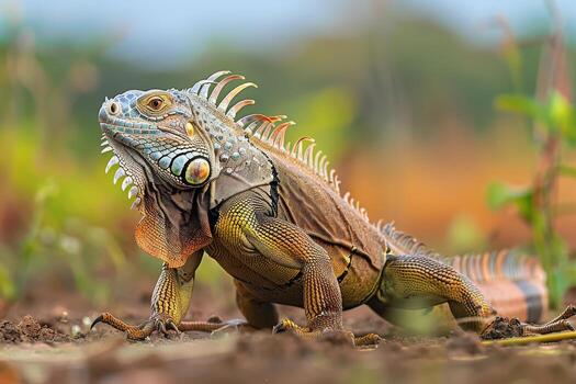 An iguana is standing in the grass photo