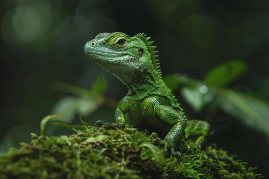A green lizard sitting on top of a moss covered tree photo