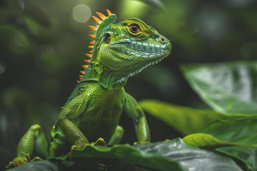 An iguana is sitting on a leaf in the jungle photo
