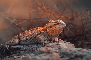 A bearded lizard sitting on a rock in the desert photo