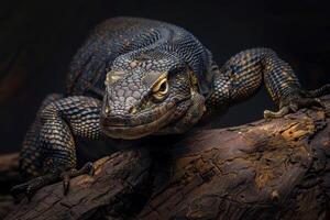 A monitor lizard is sitting on a log photo