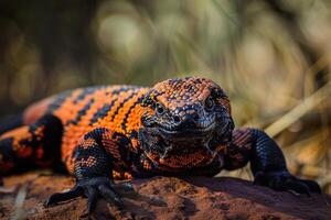 A red and black lizard sitting on a rock photo