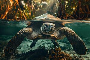 A turtle swimming in the ocean with a tree in the background photo