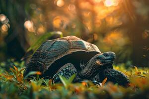 A turtle is walking in the grass with a bird photo