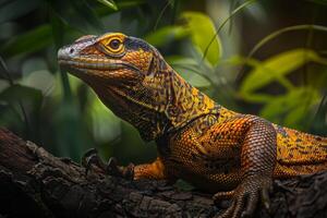 An orange and black lizard sitting on a branch photo
