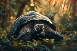 A large tortoise is walking through the jungle photo