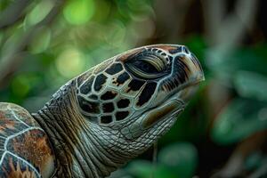 A close up of a turtle with its head turned to the side photo