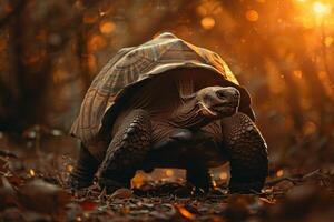 A tortoise walking in the woods at sunset photo