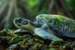 A green turtle is sitting on the ground in the jungle photo