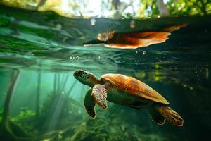 A turtle swimming in the water photo