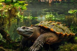 A turtle swimming in the water with plants and trees photo