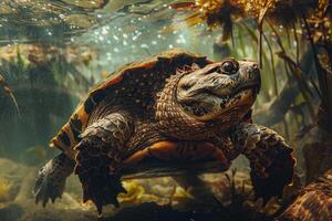 A turtle swimming in the water with algae photo