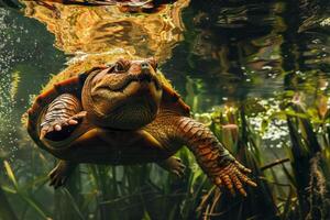 A turtle swimming in the water with its head above the water photo