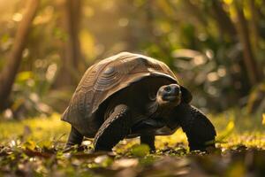 A large tortoise walking through the grass photo