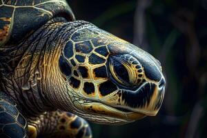 A close up of a turtle with a black background photo