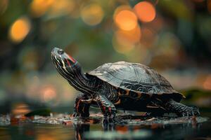 A turtle is walking on the water in front of a blurry background photo