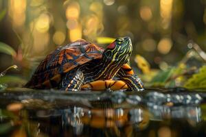 A red eared slider turtle is sitting on the water photo