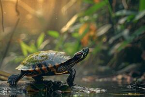 A turtle is walking on a rock in the water photo